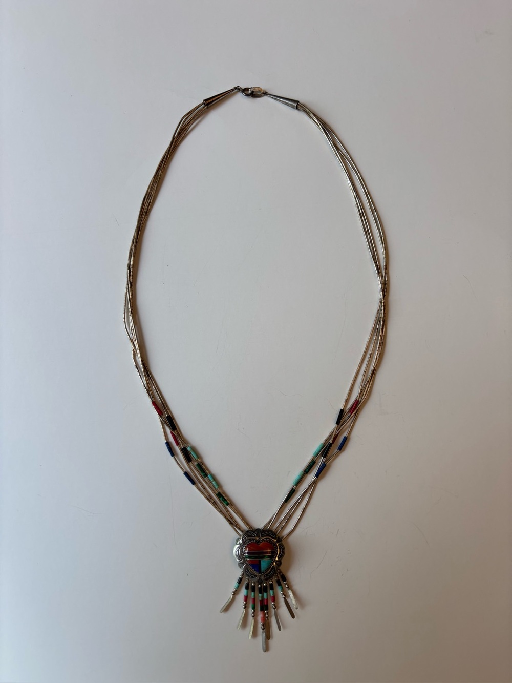 Liquid Sterling Silver Beaded Turquoise Inlay Heart Tassel Vintage Necklace